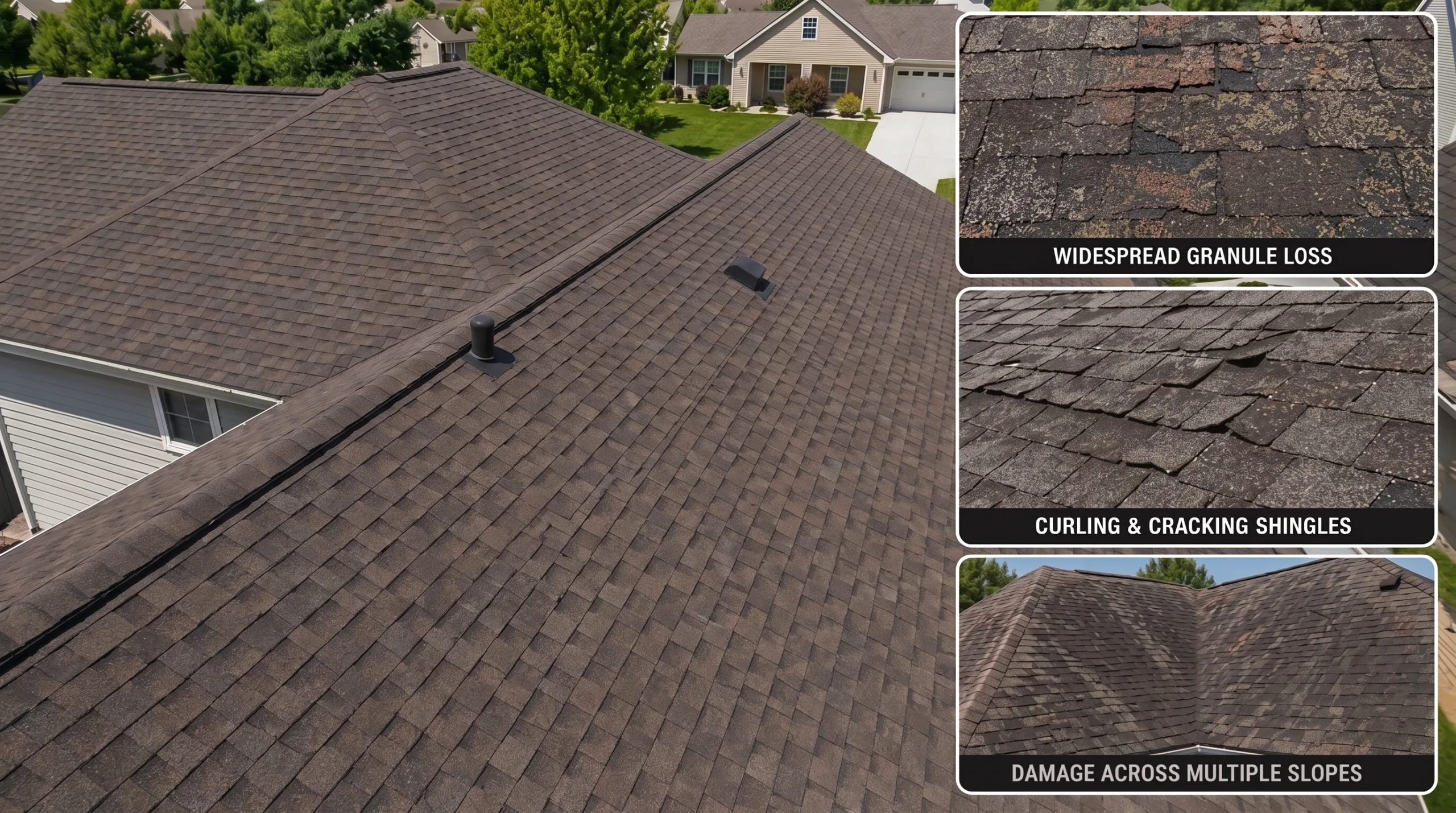 An aerial composite photograph showing a residential roof with brown asphalt shingles. To the right are three detailed close-up inset panels that illustrate different types of common roof damage. The captions for the insets read: 'WIDESPREAD GRANULE LOSS' (top inset), 'CURLING & CRACKING SHINGLES' (middle inset), and 'DAMAGE ACROSS MULTIPLE SLOPES' (bottom inset). The image serves as a visual inspection guide for identifying roof deterioration.